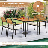 Toolsempire 4 Pieces Patio Dining Table Set, Outdoor Rectangle Table w/Loveseat & 2 Stackable Chairs, Cushions, Umbrella Hole, Acacia Wood Armrests & Tabletop, Dinette Furniture for Backyard Garden Toolsempire