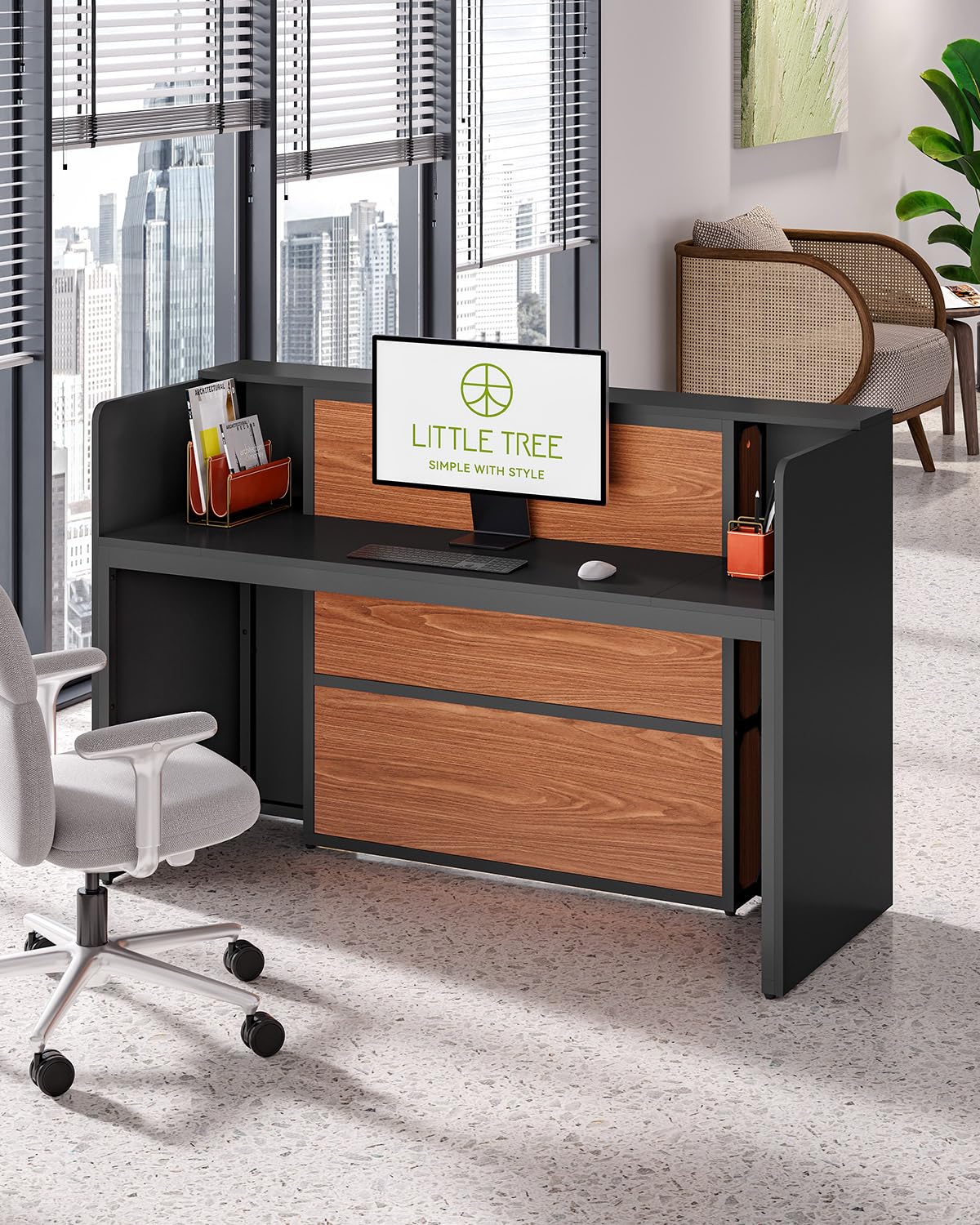 LITTLE TREE 63 Inches Reception Desk, Modern Reception Table with LED Light, Front Counter Desk, Wooden Checkout Counter for Lobbies, Salons, Retail, Home Offices, Reception Room, Black & Brown LITTLE TREE