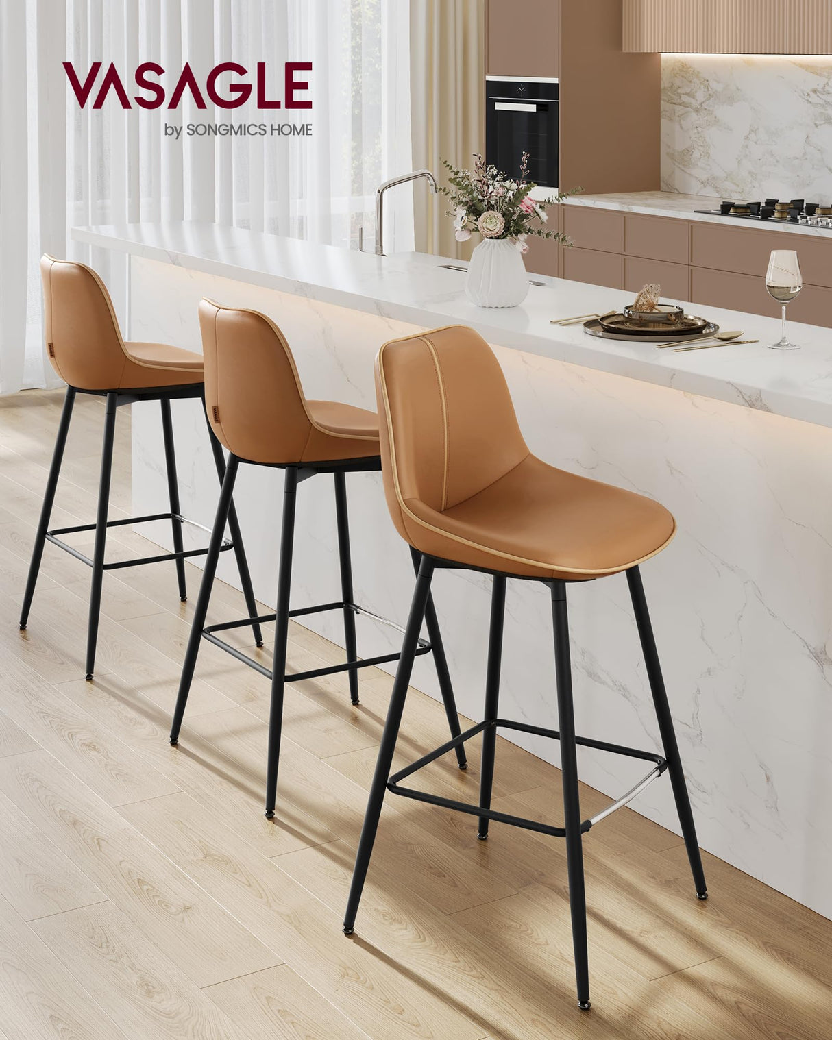 VASAGLE Bar Stools Set of 2, Bar Height Bar Stools with Back, Ergonomic Backrest, Synthetic Leather, Metal Legs, 28.7-Inch Tall Stools for Kitchen Island Home Bar, Caramel Brown ULBC888K01 VASAGLE