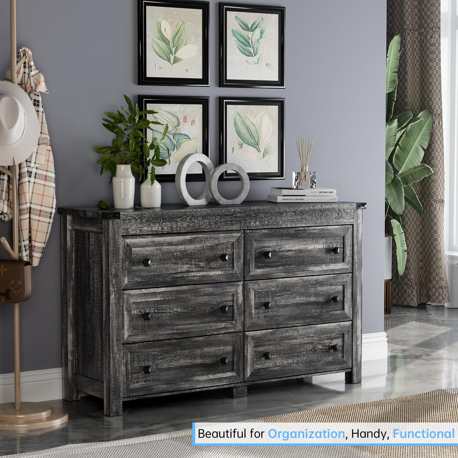 HUANLEGO Grey Dresser for Bedroom with 6 Drawers, Farmhouse Wood Dressers Bedroom Furniture 6 Chest of Drawers, Rustic Wide Storage Drawers Dressers Organizer for Closet, Living Room, Hallway - WoodArtSupply