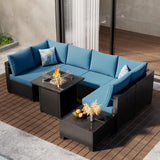 Ophelian 8 Piece Wicker Patio Furniture Set with Fire Pit Table, Rattan Outdoor Sectional Sofa, Patio Couch Set for Backyard, Garden, Deck (Coffee/Peacock Blue) Ophelian