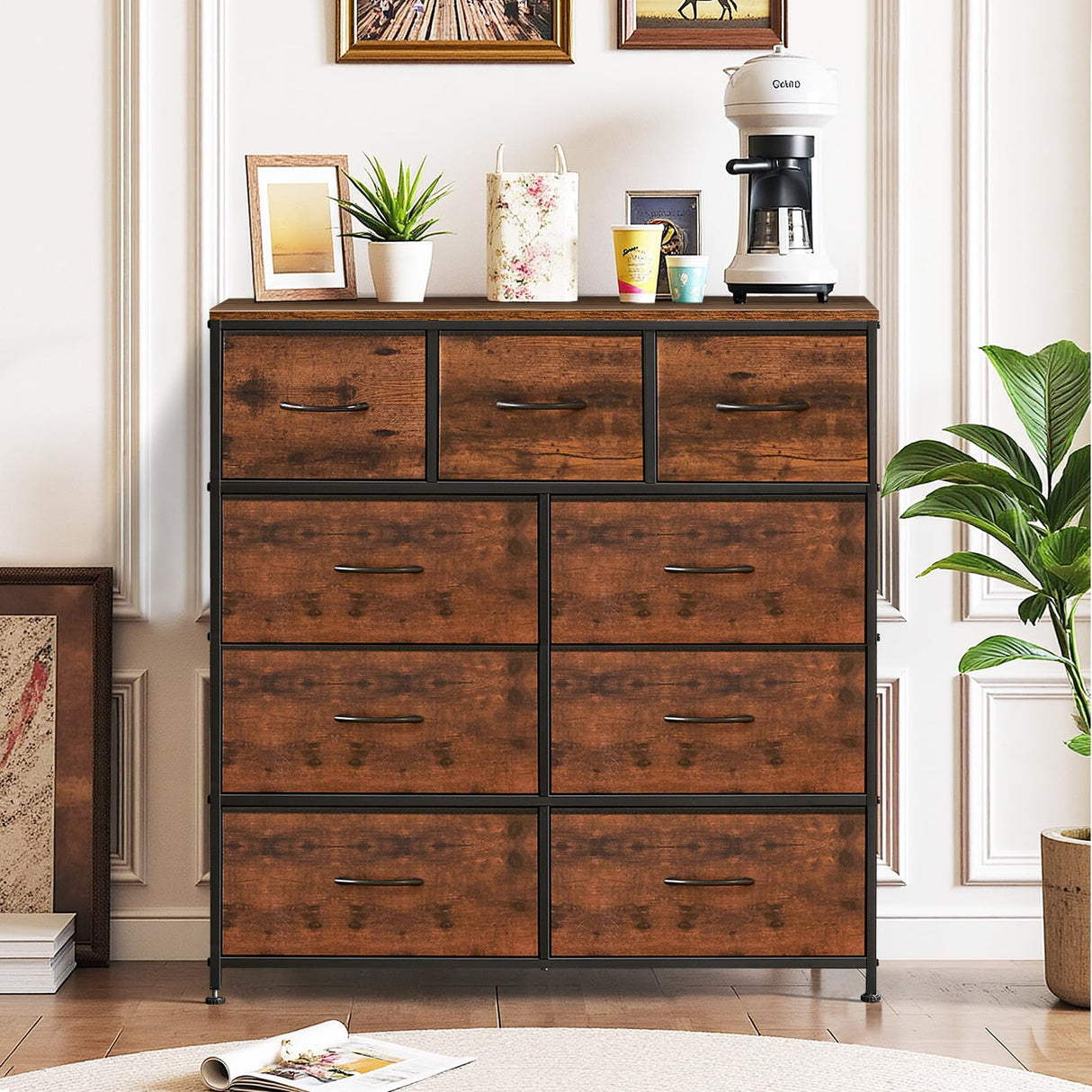 9-Drawer Dresser for Bedroom, Anti-Tip Tall Storage Organizer Chest of Drawers with Wooden Top and Metal Frame Fabric Bins for Closet, Living Room, Hallway, Entryway, Brown SageNest