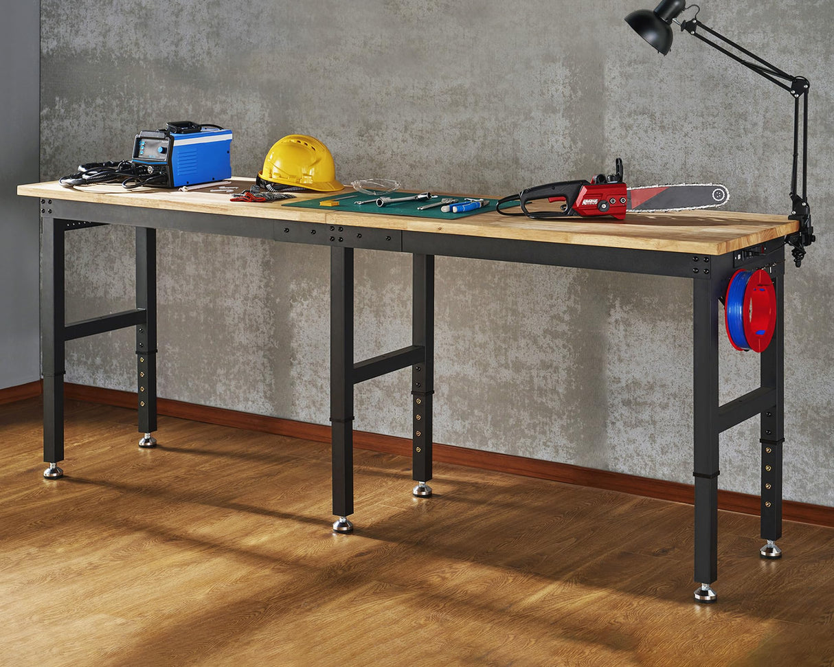 Albott 96x24 Adjustable Workbench, 28.7-38.6" Height, Rubber Wood Top, Heavy-Duty Design with Power Outlets & Hooks, 5000 LB Capacity for Garage, Workshop, Home, or Office Albott