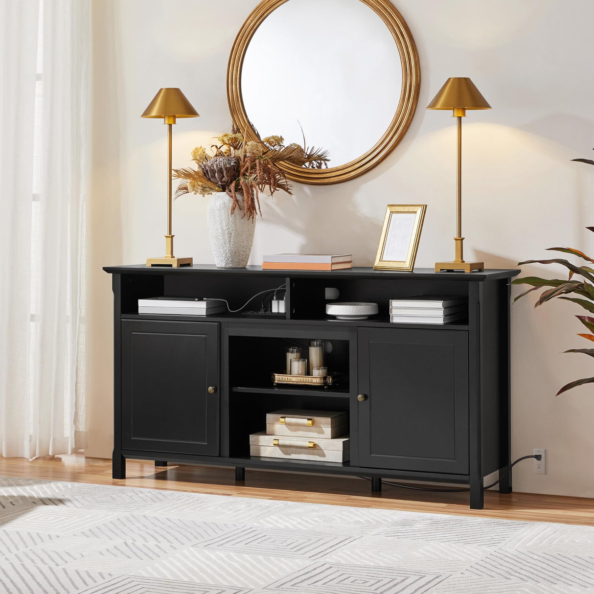 Yaheetech Black TV Stand with Doors for TVs up to 65 in, Modern TV Console with Power Outlet & Storage Shelf, Mid-Century Entertainment Center for Living Room, 31 in Tall Yaheetech