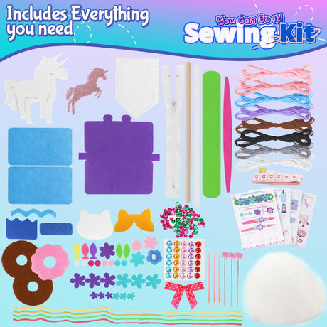 Play Brainy 7 in 1 Sewing Kits for Kids 8-12 - 14 Piece Sewing Kit for Beginners, Creative Arts & Crafts Kids Activity - DIY Make Your Own Pencil Case, Unicorn, & More - Play & Learn Sewing Kit Kids Play Brainy