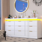 9 Drawer Dresser for Bedroom, White Dresser with LED Lights and Charging Station, Modern Chest of Drawer, Wood Triple Wide Drawer Organizer Cabinet for Bedroom, Living Room, Entryway, Hallway knoworld