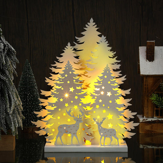 Cinnvoice Wooden Christmas Tree Tabletop Decor LED Wood Craft Trees Light 13.7 Inch Vintage Christmas Reindeer Silhouette Decor LED Wooden Christmas Trees for Xmas Party Tabletop Mantle Decor