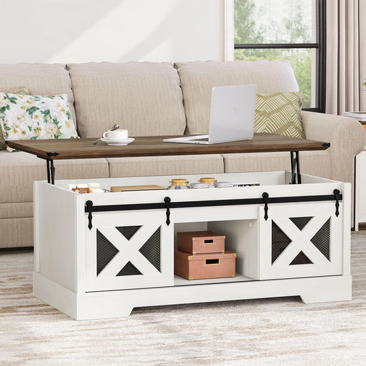 YITAHOME Farmhouse Coffee Table, Lift Top Coffee Table with Storage & Sliding Groove Barn Door,Rustic Coffee Tables for Living Room, Center Table for Living Room, Brown and White - WoodArtSupply