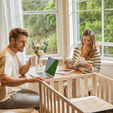 MAMAZING EvoNook 6-in-1 Convertible Mini Crib - Easy Assembly, Portable Folding Baby Mini Crib with Mattress, 100% New Zealand Pinewood, 4 Adjustable Mattress Heights, Washed Nature with Mattress MAMAZING