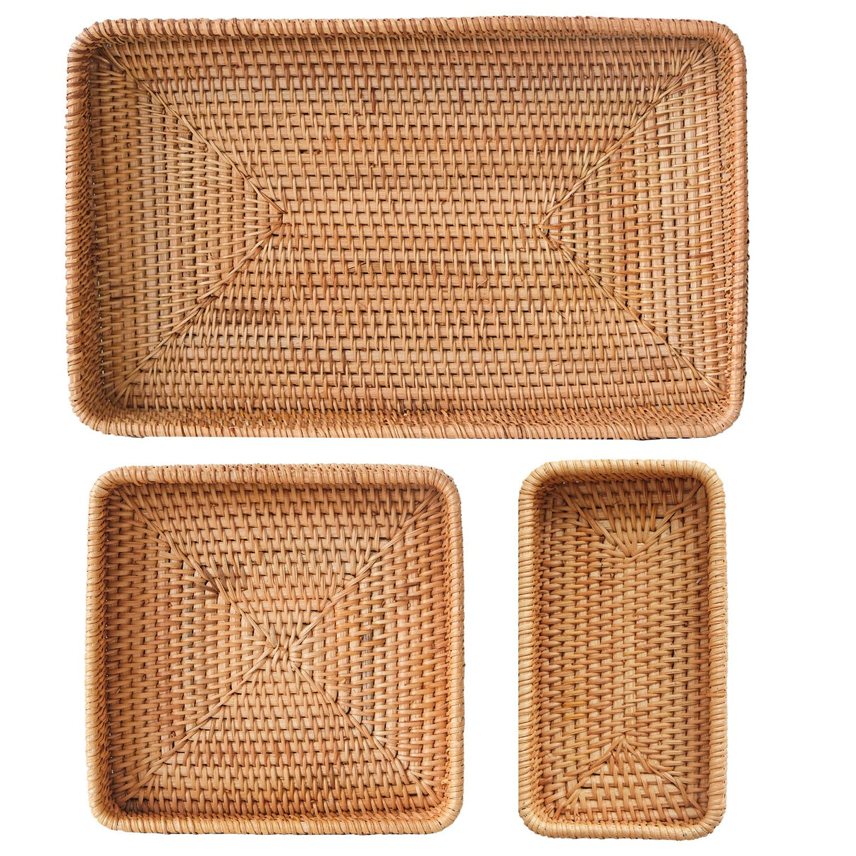 Rattan Serving Tray, Rectangle Rattan Basket Set of 3, Wicker Storage Basket Wicker Baskets for Organizing, Natural Basket Tray Decorative Basket Woven Tray for Home Decor Bathroom Kitchen Counter S310