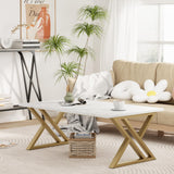 Wolawu Coffee Table Living Room Table White Center Table, Simple Modern Faux Marble Rectangular Tea Tables with Sturdy Gold Metal Frame,Industrial Wooden Coffee Table for Bedroom Home Office Wolawu