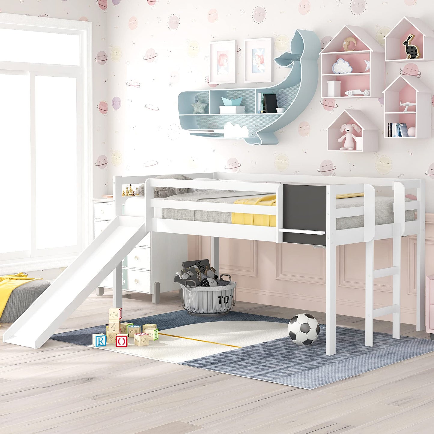 Twin Size Low Loft Bed with Slide,Kids Loft Bed with Chalkboard and Ladder,Wood Low Loft Bed Twin Size for Girls Boys,White