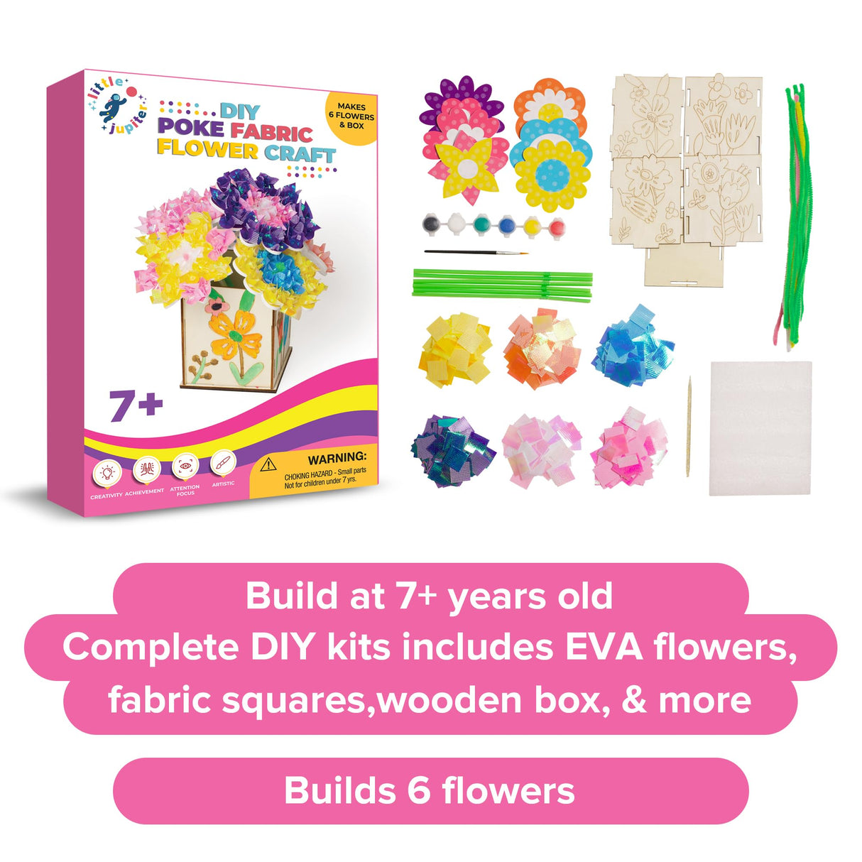 DIY Poke in Art Fabric Flower Craft - Makes 6 Flower Bouquet & Box with Paint, EVA Foam Craft Pieces, & More - Complete Kit for Kids 7-12 Years Old - Fabric Art for Kids - Poke Crafts for Girls Little Jupiter