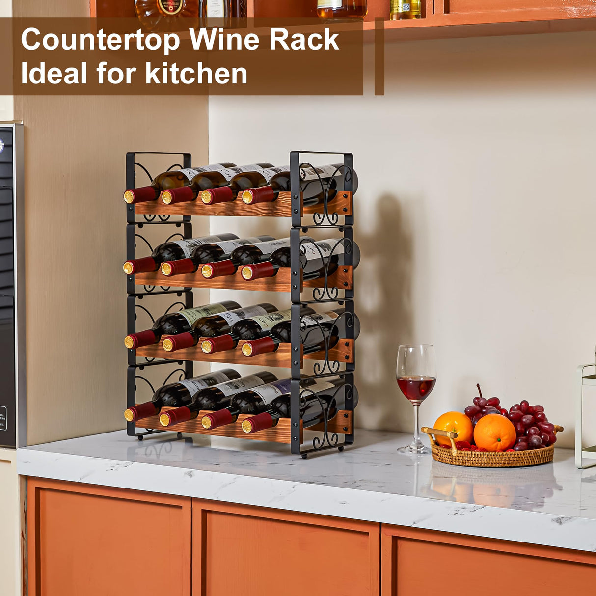 Stackable Wine Rack for 16 Bottles, 4 Tier Wine Storage Cabinet Shelf, Freestanding Wine Organizer with Patent Design, Wooden & Iron Bottles Holder for Kitchen Counter or Bar, Wine Display Shelf X-cosrack
