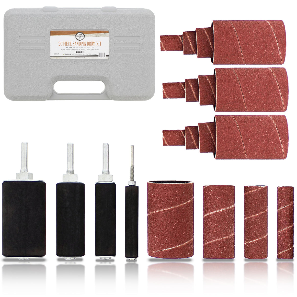 DCT 1/4 Inch Drive Drill Press Sanding Drum Kit - Rubber Sanding Drums (0.5-1.5 Inch) and Spindle Sander Sleeves, 20pc Deadwood Crafted Tools