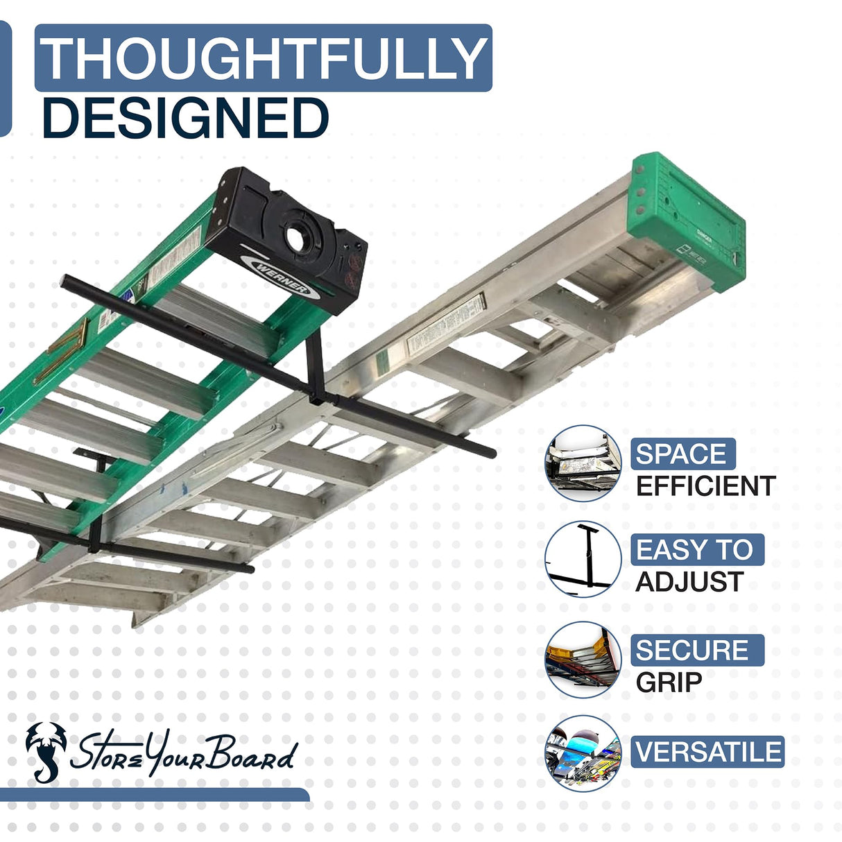 StoreYourBoard Adjustable Overhead Ladder Rack – Garage Organizer Ladder Shelf for Step & Extension Ladders - Storage Racks and Shelving for Garage Organization - Ceiling Mounted - Holds 150 lbs StoreYourBoard