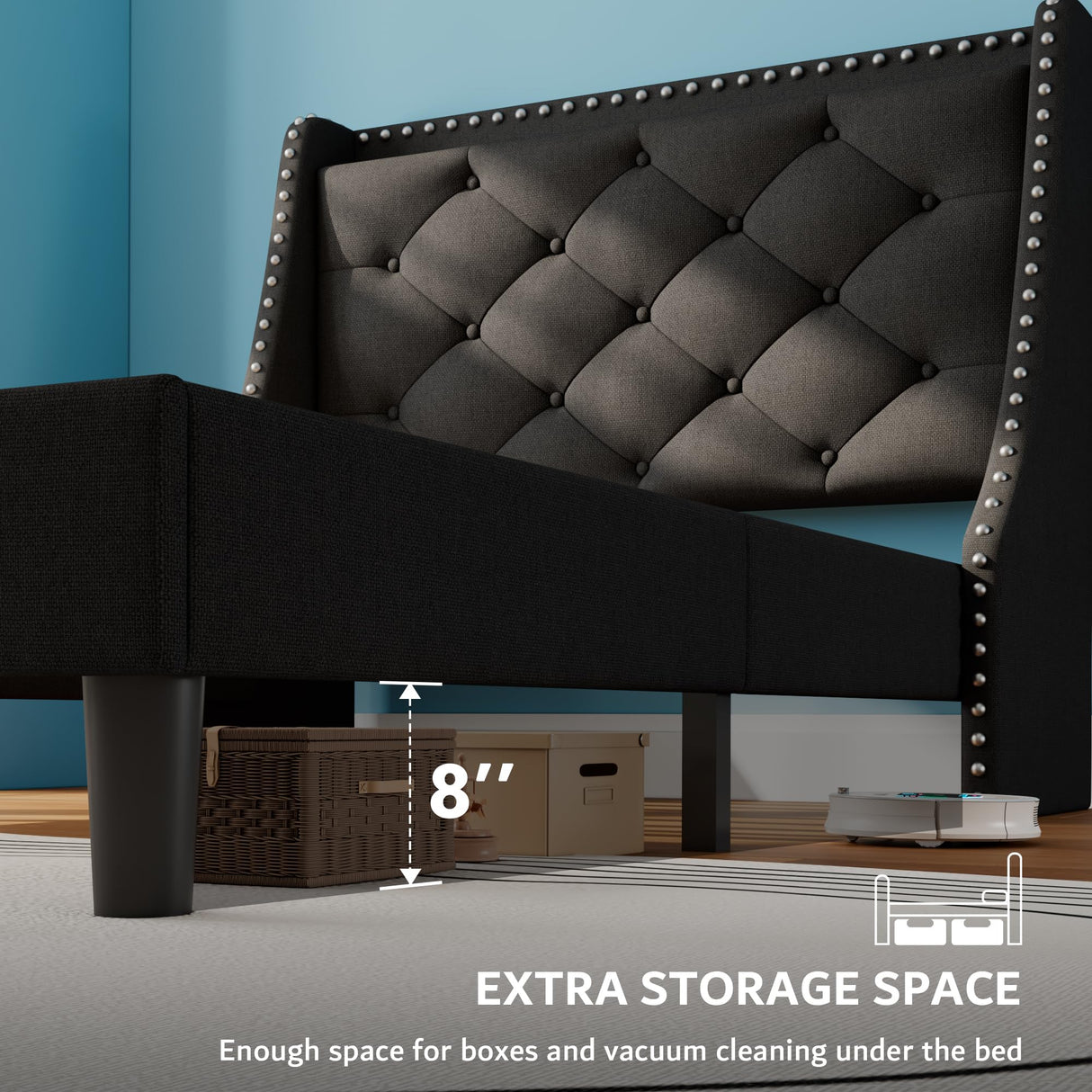 iPormis Twin Bed Frame with 16" Comfort Wingback & Charging Station, Upholstered Platform Bed with Button Tufted Storage Headboard, Solid Wood Slats Support, No Box Spring Needed, Black iPormis