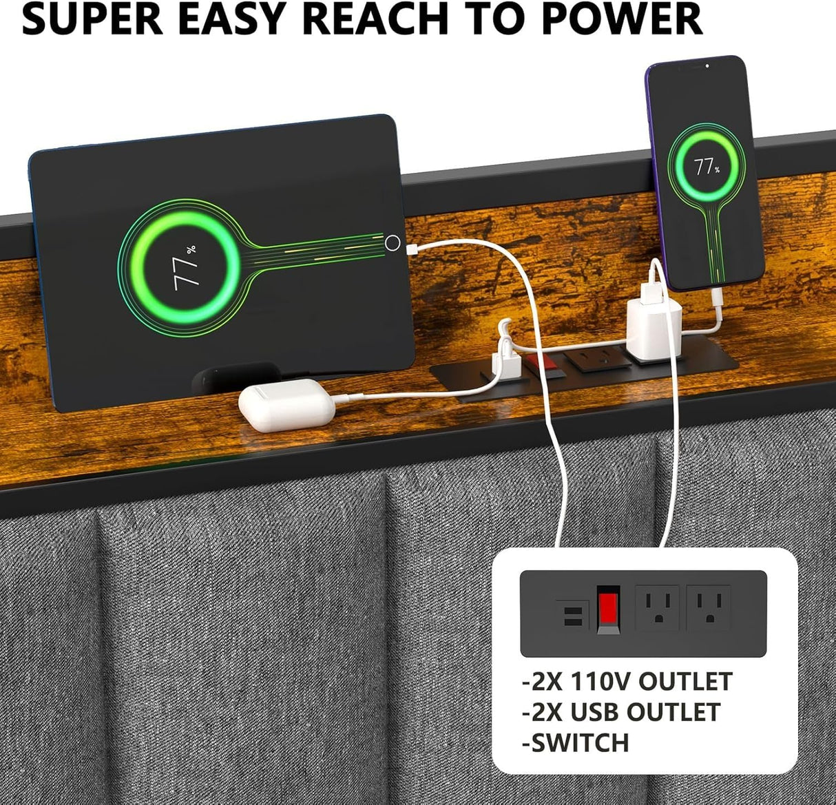 Queen Bed Frame, Storage Headboard with USB Ports & Charging Station, No Box Spring Needed, Noise-Free, Heavy Duty Metal Frame Support, Easy Assembly EasyCom