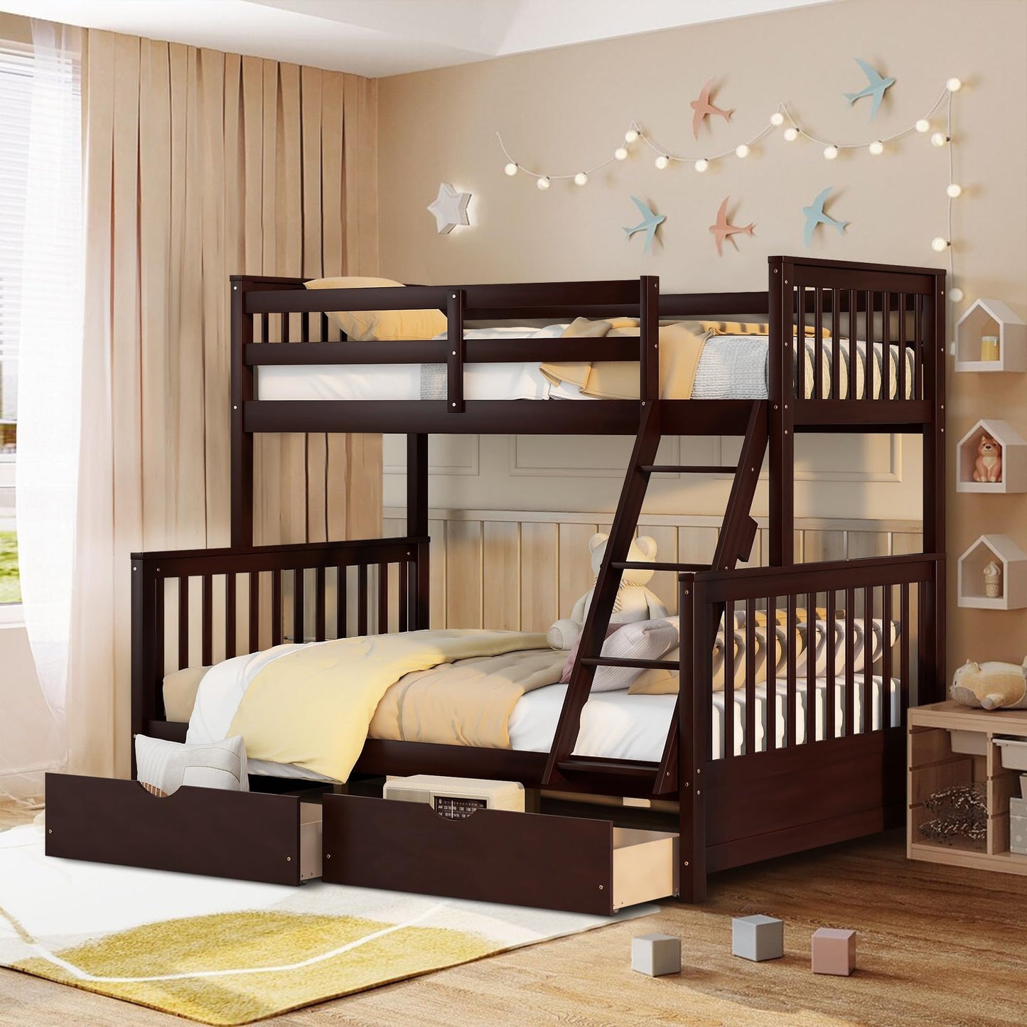 SLEERWAY Espresso Twin Over Full Bunk Bed with Storage Drawers - Solid Wood Convertible Frame for Kids and Adults - WoodArtSupply