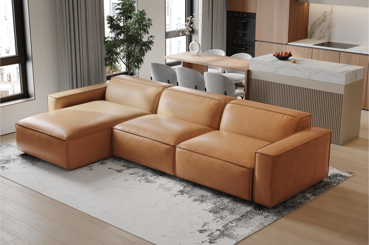 Valencia Nathan Napa Leather Couch - 3 Seats with Left Chaise - 100% Full Aniline Leather Modern Sofa for Lounge and Living Room Solid Wood Frame and High-Resilience Foam Couch (Caramel Brown) VALENCIA THEATER SEATING