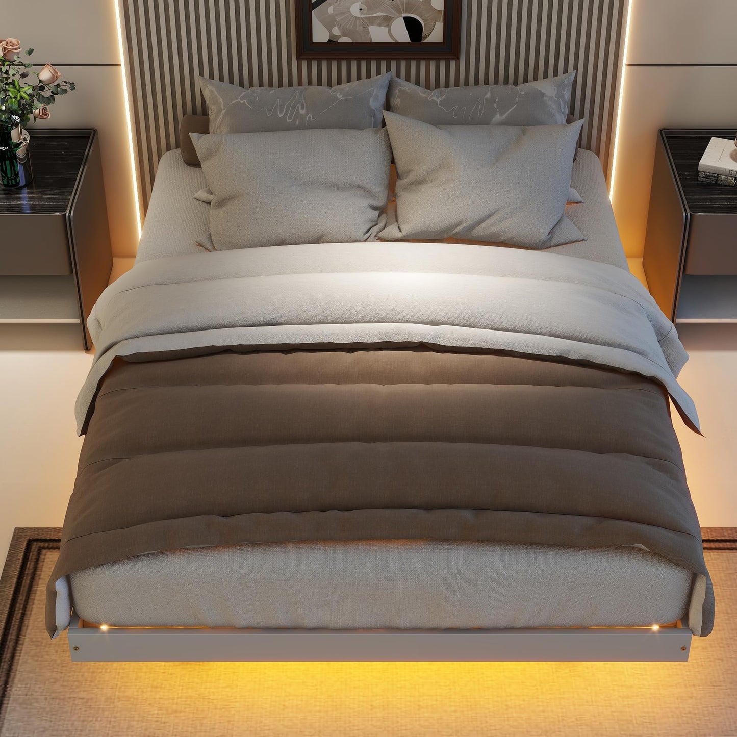 Floating Full-Size Bed Frame with LED Lights in Grey – Modern Low Profile Design with Solid Pine Wood Construction - WoodArtSupply