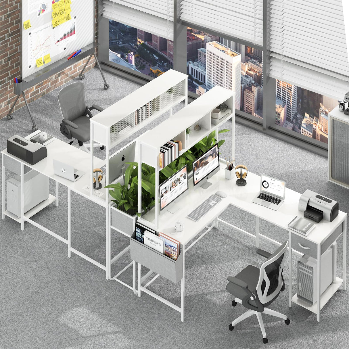 Yoobure L Shaped Desk Gaming Desk with LED Strip & Power Outlet, Reversible L-Shaped Computer Desk with Storage Shelf & Drawer, Corner Desk with Storage Bag, 2 Person Home Office Desk, White Yoobure