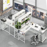 Yoobure L Shaped Desk Gaming Desk with LED Strip & Power Outlet, Reversible L-Shaped Computer Desk with Storage Shelf & Drawer, Corner Desk with Storage Bag, 2 Person Home Office Desk, White Yoobure