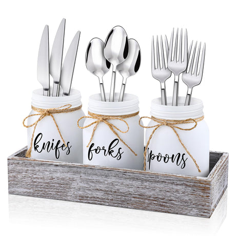 Tiangrid 4 Pcs Silverware Utensil Holder Mason Jar with Wooden Utensil Organizer for Kitchen Countertop Forks Spoons Knives Storage White Farmhouse Kitchen Caddy Glass Cooking Decor for Party Tiangrid