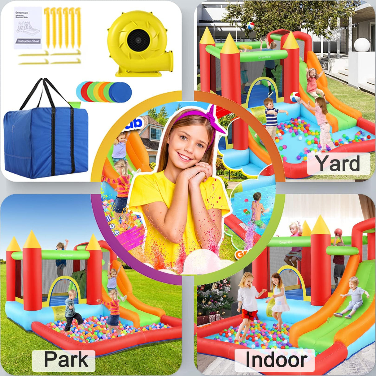 AKEYDIY Inflatable Bounce House for Kids, Fun Jumping Area with Basketball Hoop, Large Pool, Long Slide with Climbing Wall Bouncy House with Air Blower Outdoor Backyard AKEYDIY