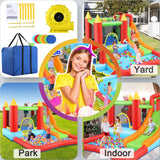 AKEYDIY Inflatable Bounce House for Kids, Fun Jumping Area with Basketball Hoop, Large Pool, Long Slide with Climbing Wall Bouncy House with Air Blower Outdoor Backyard AKEYDIY