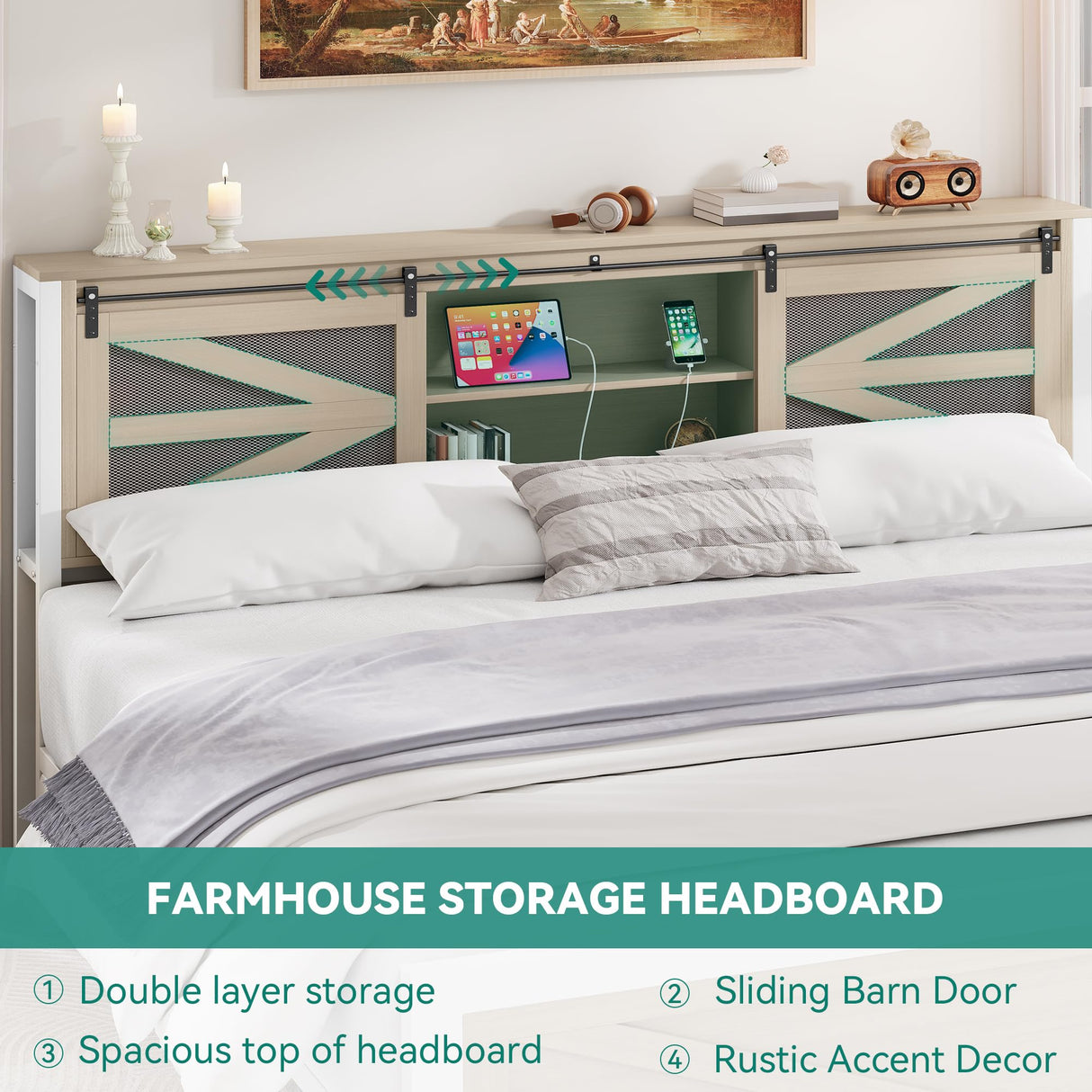 YITAHOME Farmhouse King Size Bed Frame with Headboard, Bookcase Storage Shelves, Sliding Grid Barn Door, Charging Station, Rustic Wood Platform Bed, No Box Spring Needed, Oak YITAHOME