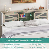 YITAHOME Farmhouse King Size Bed Frame with Headboard, Bookcase Storage Shelves, Sliding Grid Barn Door, Charging Station, Rustic Wood Platform Bed, No Box Spring Needed, Oak YITAHOME