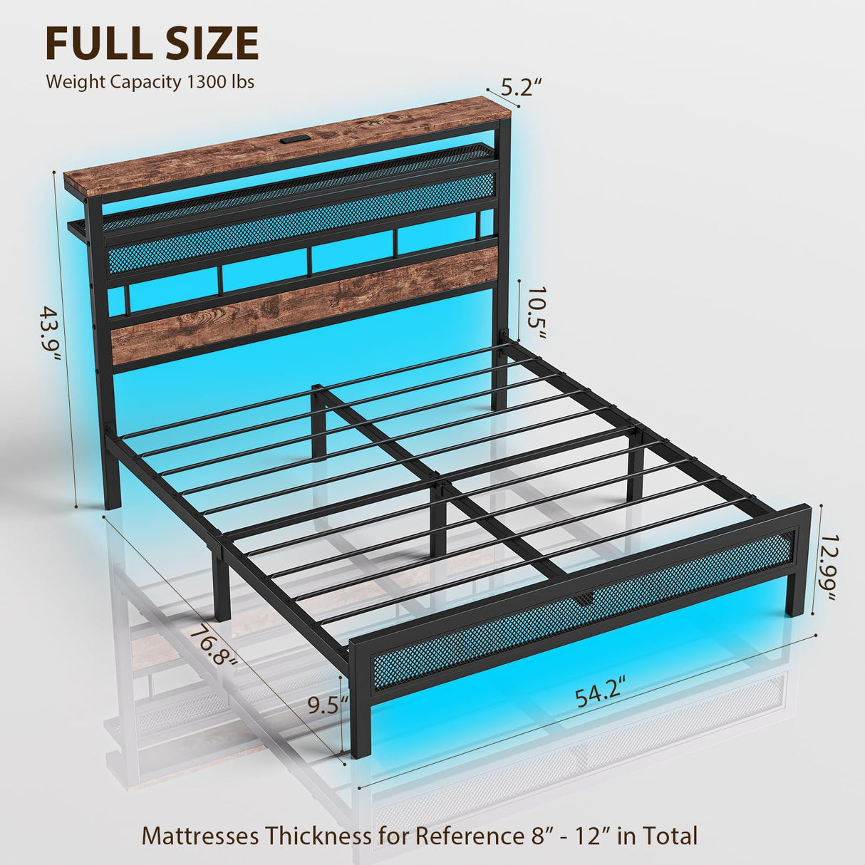 ZENBEDING Led Full Size Bed Frame with 2-Tier Headboard, Metal Platform Bed Frame with Storage Headboard, Mesh Full Bedframe with Charging Station, No Box Spring Needed (Rustic Brown) ZENBEDING