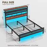 ZENBEDING Led Full Size Bed Frame with 2-Tier Headboard, Metal Platform Bed Frame with Storage Headboard, Mesh Full Bedframe with Charging Station, No Box Spring Needed (Rustic Brown) ZENBEDING