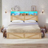 AOGLLATI Full Size Bed Frame with 4 Storage Drawers and 2-Tier Bookcase Hidden Headboard, Rattan Led Bed Frame Full Size with Charging Station, No Box Spring Needed, Wood AOGLLATI