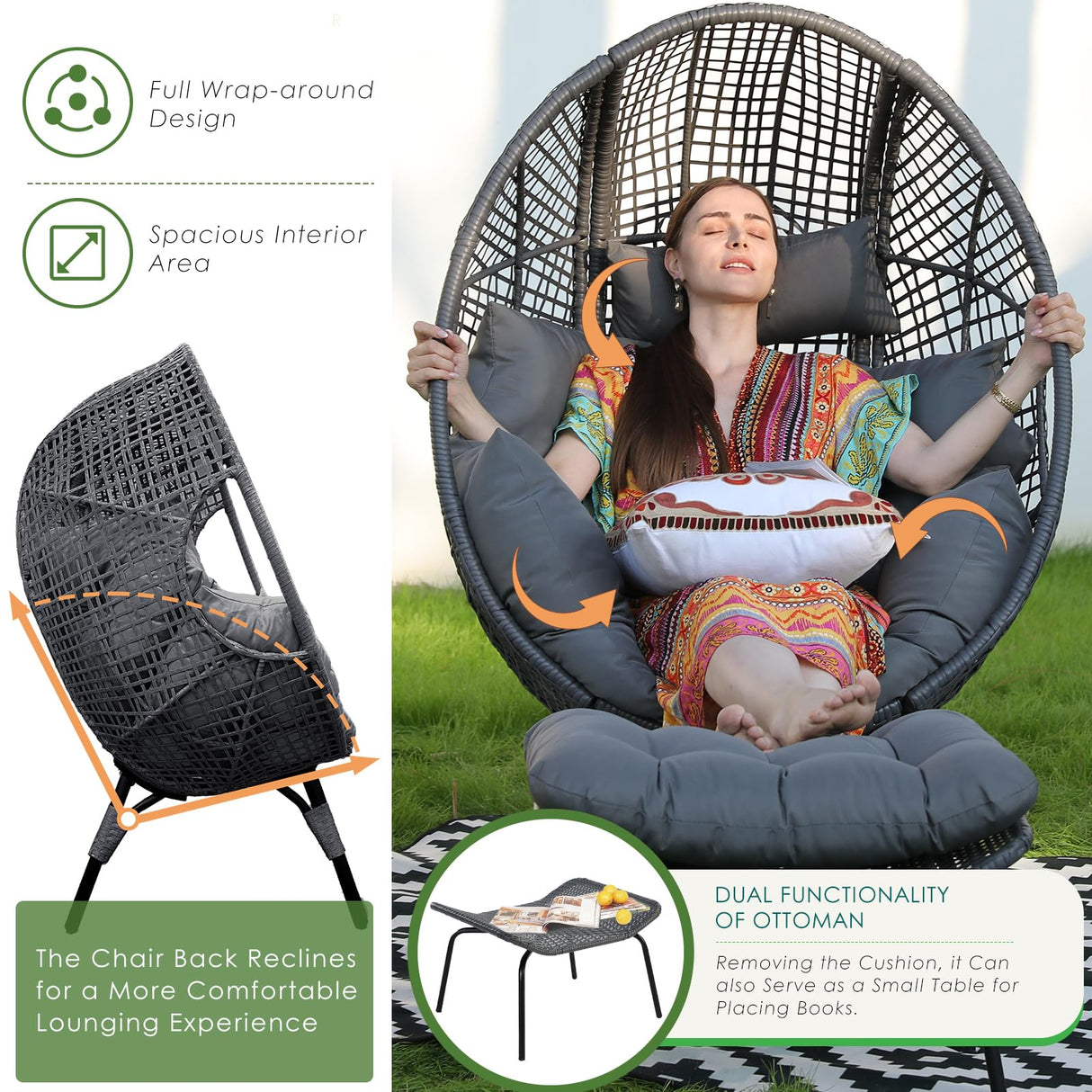 NICESOUL Patio Egg Chair with Ottoman, Indoor Outdoor Egg-Shell Lounge Chair, Cozy Oversized Round Circle Chair, 440lbs Boho Rattan Egg-Shaped Papasan w/Cushion for Living Room, Exterior, Porch, Gray NICESOUL
