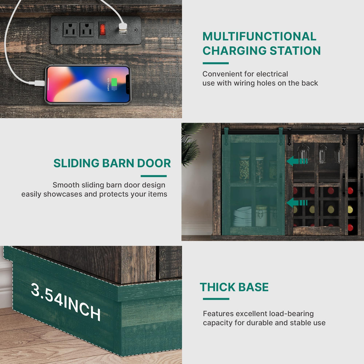 DWVO Farmhouse Coffee Bar Cabinet，53” Kitchen Sideboard Buffet Cabinet with Storage, 3 Drawers & Sliding Barn Door, Storage Cabinet with Glass Door for Kitchen & Living Room, Dark Rustic Oak DWVO