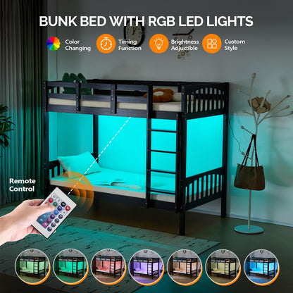 VINGLI Twin Bunk Bed with RGB LED Strip and Charging Station - High Wood Guardrail - Bunk Beds Stylish & Functional Design for Kids, Teen