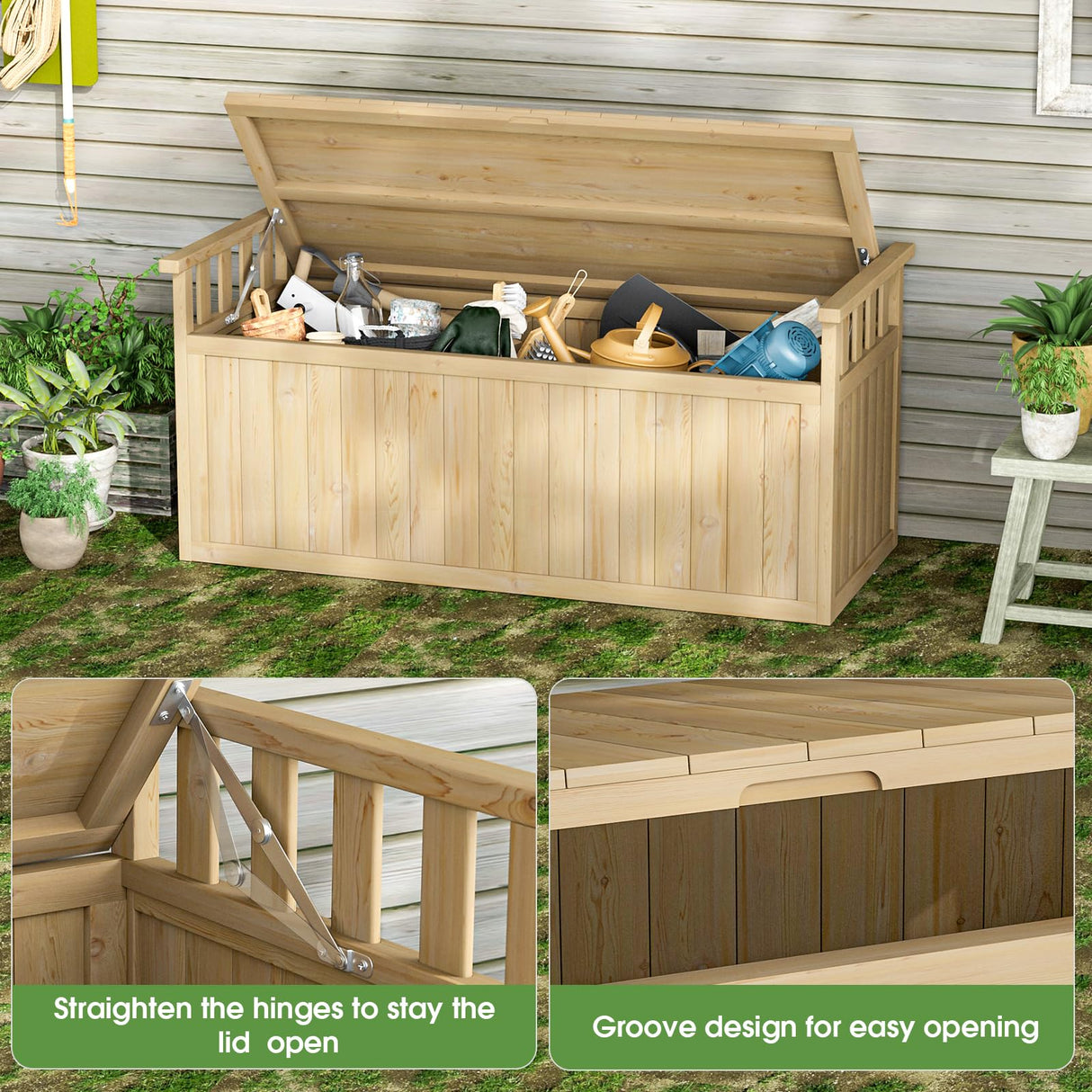 Oarlike 55 Gallon Wooden Deck Box, Outdoor Storage Box for Patio Furniture, Waterproof Backyard Storage Bench for Cushions, Toys, Garden Tools & Pool Accessories (Natural Wood) Oarlike