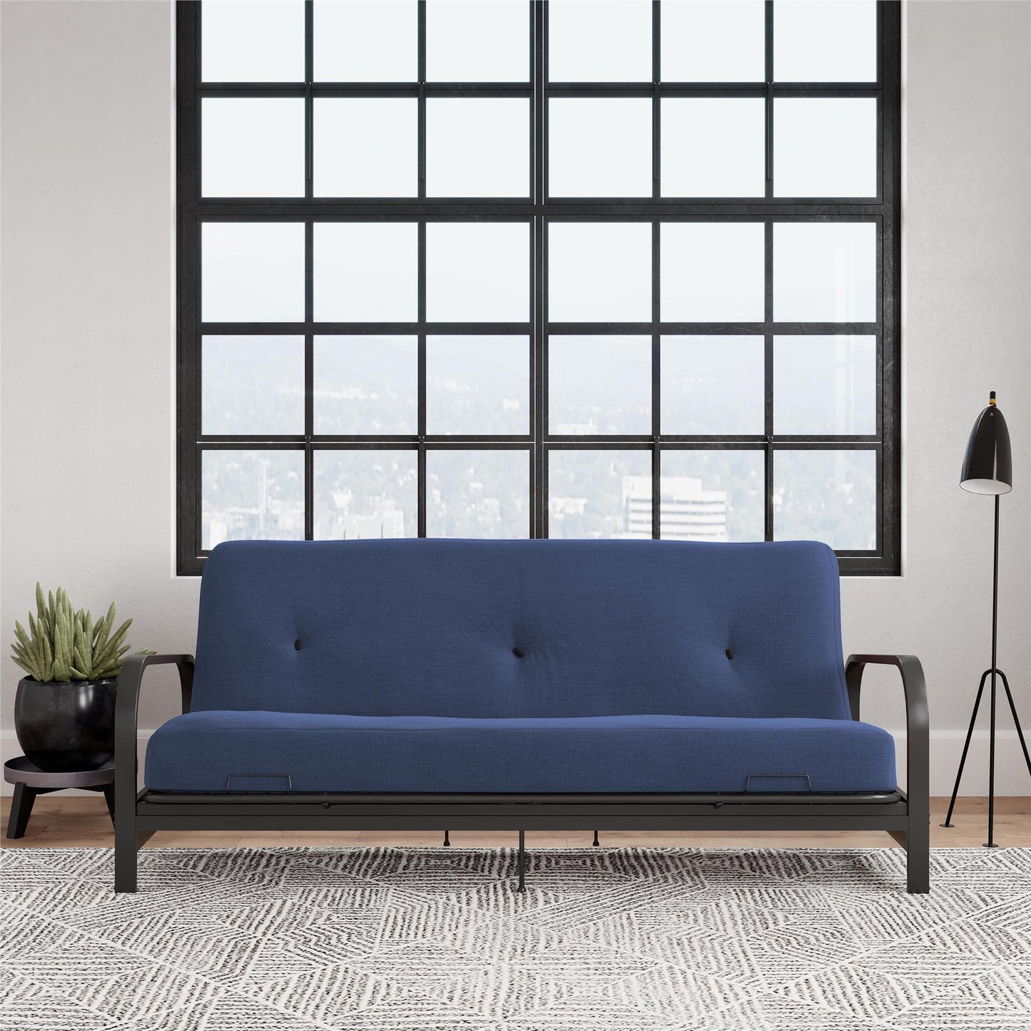 DHP Cleo Futon Set with Black Metal Sofa Bed Frame and 6" Mattress, Full Size, Blue