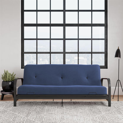 DHP Cleo Futon Set with Black Metal Sofa Bed Frame and 6" Mattress, Full Size, Blue