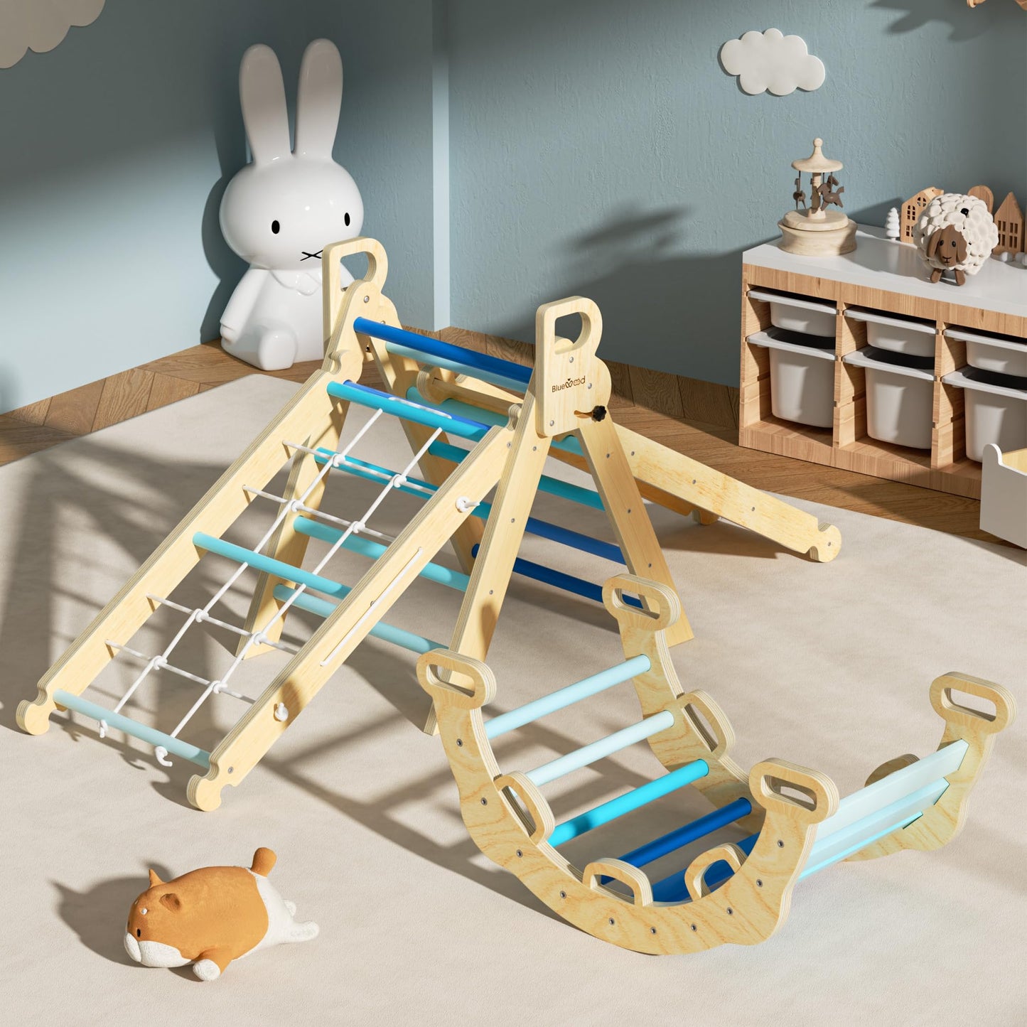 BlueWood 2024 8 in 1 Pikler Triangle Climbing Set Montessori Climbing Set Toddler Climbing Toys Indoor Baby Jungle Gym Pikler Climbing Toys Toddler Climber Indoor Playground for Kids - Sky Blue