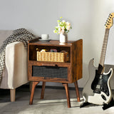 Lerliuo Rattan Nightstands Set of 2, Boho Side Table with Drawer Open Shelf, Cane Accent Bedside End Table with Solid Wood Legs for Bedroom, Dorm and Small Spaces (Brown) Lerliuo