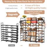 ROJASOP Large Shoe Rack Organizer for Entryway Closet 64-68 Pairs 9-Tier Heavy Duty Tall Garage Shoe Rack Shoe Shelf Shoes Storage with 18 Pcs Removable Side Hooks for Bedroom and Garage Black ROJASOP