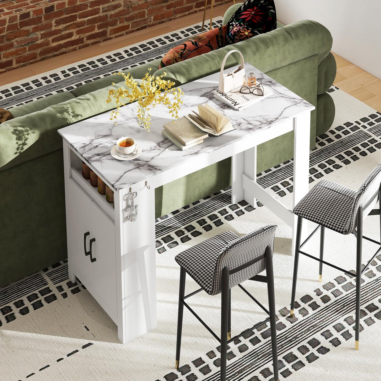 COSTWAY Bar Table, Modern Faux Marble Breakfast Table with 7 Hanging Hooks, Open Compartment, Storage Cabinet & Adjustable Shelf, Counter Height Dining Table for Kitchen, Dining Room, Living Room COSTWAY