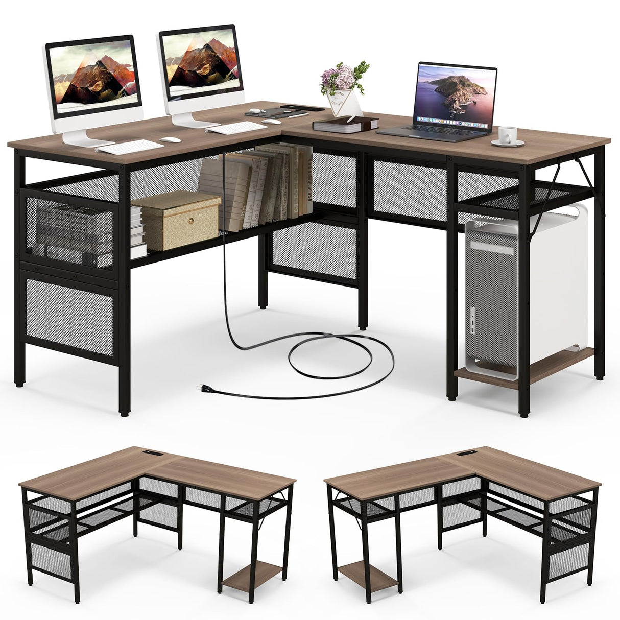 COSTWAY L Shaped Desk with Charging Station, 55” Reversible Corner Computer Desk with Mesh Storage Shelves, CPU Stand, 2 Person Gaming Desk Computer Workstation for Home Office COSTWAY