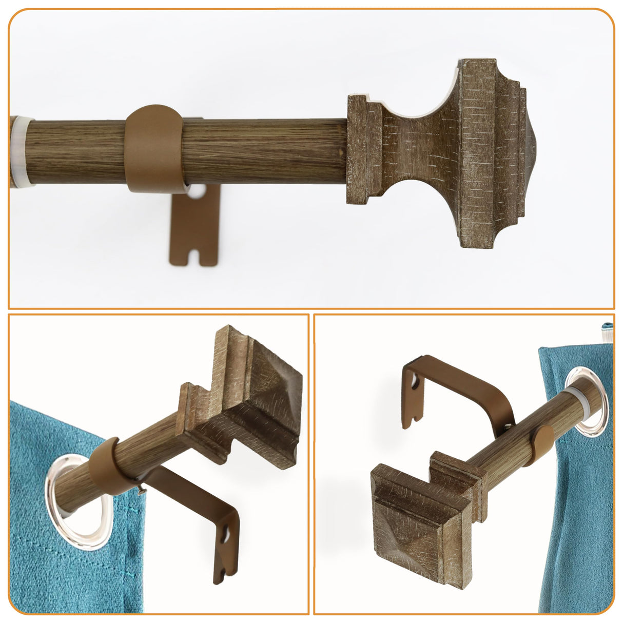 Wood Curtain Rods for Windows 32 to 88 Inch, 1 Inch Diameter Wood Decorative Treatment Single Window Curtain Rods - Square Imitation Wood Grain Finial 1 Pack QITERI