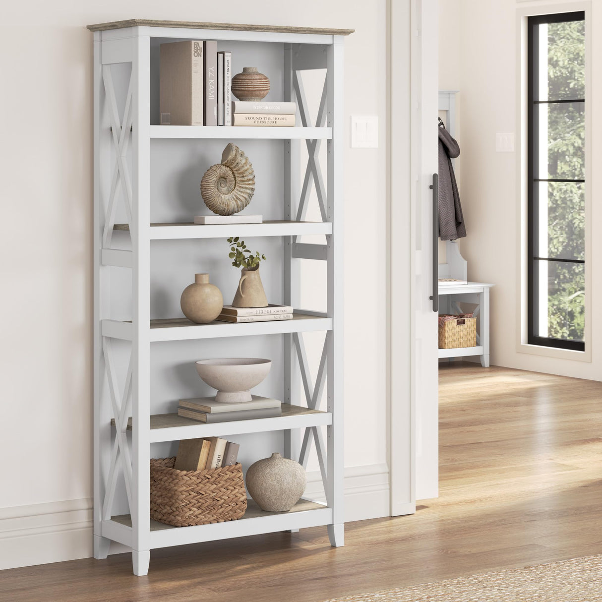 Bush Business Furniture Key West 5-Shelf Bookcase in Shiplap Gray and Pure White Bush Business Furniture