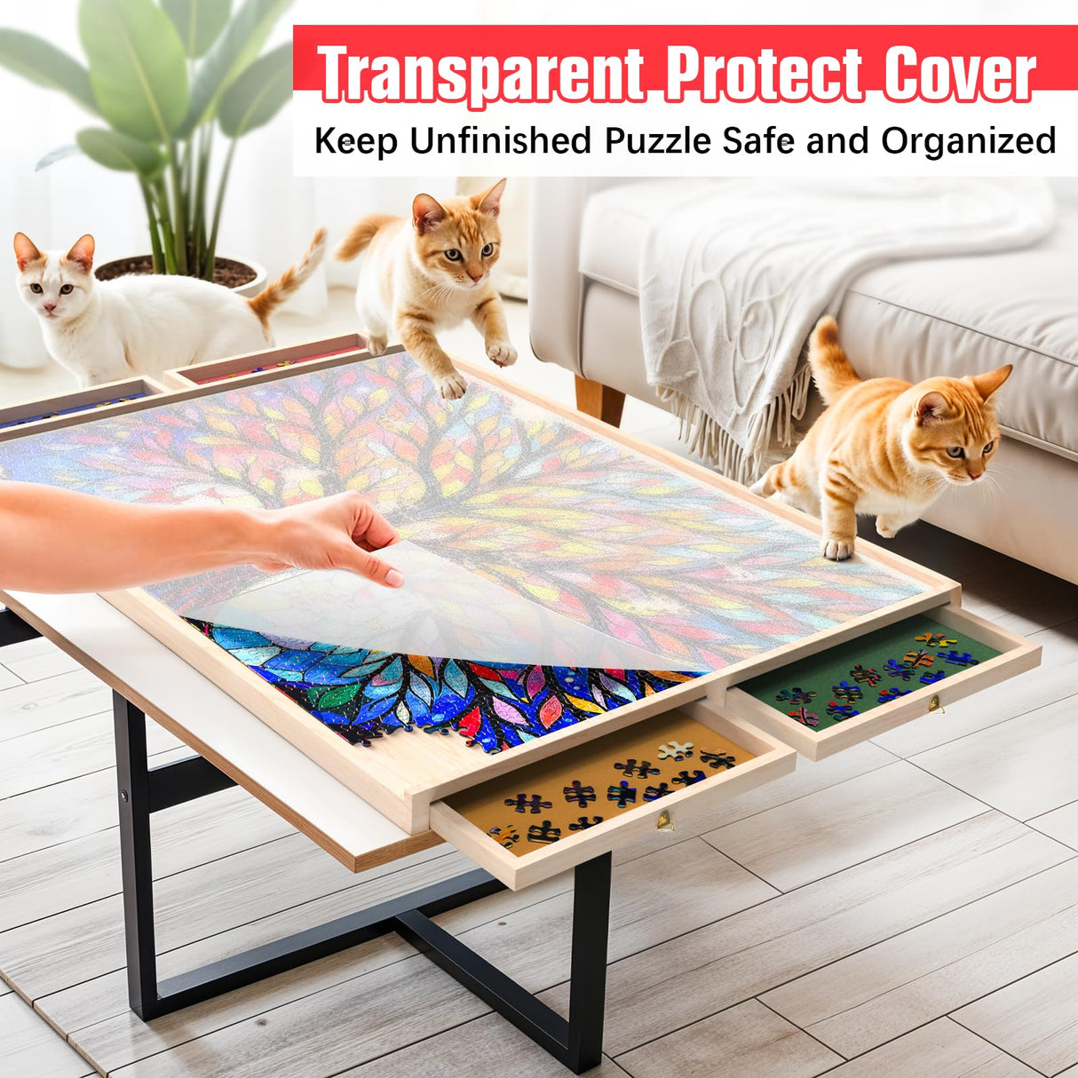 Puzzle Board with Drawers and Cover Rotatable 360-Degree Wheels 1000 Pieces Lightweight Portable Wooden Puzzle Table for Adults Kids 30'' x 22'' PETAZA