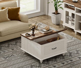 WAMPAT White Coffee Table with Lift Top & Drawer, Square Wood Center Table with Hidden Storage Compartment, Farmhouse Coffee Table for Living Room, 30 Inch WAMPAT